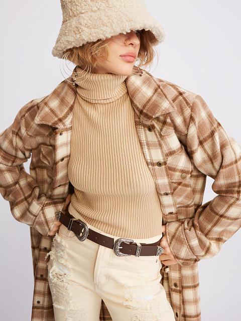 Коричневое шерстяное пальто-рубашка в клетку, 7