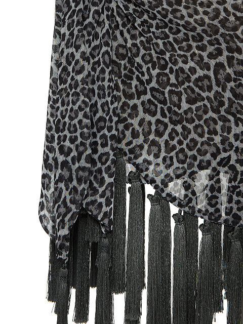 Серая юбка-мини из шелка с леопардовым принтом и бахромой, 3