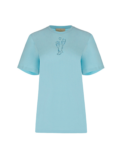 Голубая хлопковая футболка со стразами, 1