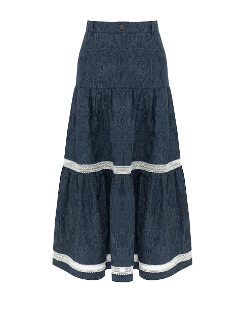 Синяя юбка-миди из жаккарда с кружевной тесьмой, 1 Синяя юбка-миди из жаккарда с кружевной тесьмой, 1