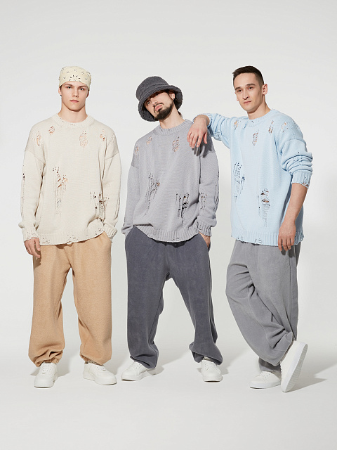 Серый хлопковый свитер с дырками, 4