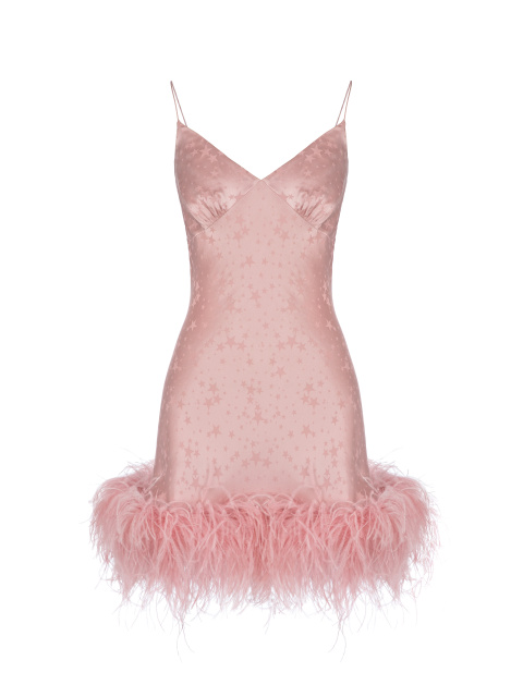 Розовое платье-мини из шелка с боа, 1