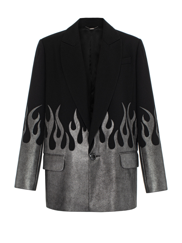 Black Leather Trim Wool Jacket, 1