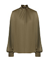 Блуза из оливкового шелка с длинным рукавом, воротник стойка с драпировкой