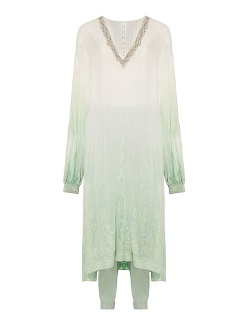 Бирюзовый костюм-двойка с вышивкой, 1