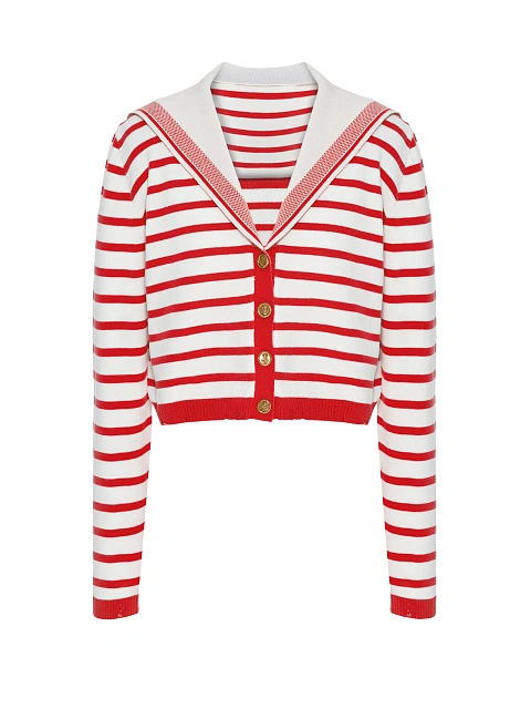 Укороченный белый кардиган в красную полоску, 1