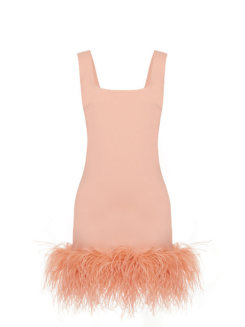 Персиковое платье-мини из джерси с боа по низу, 1
