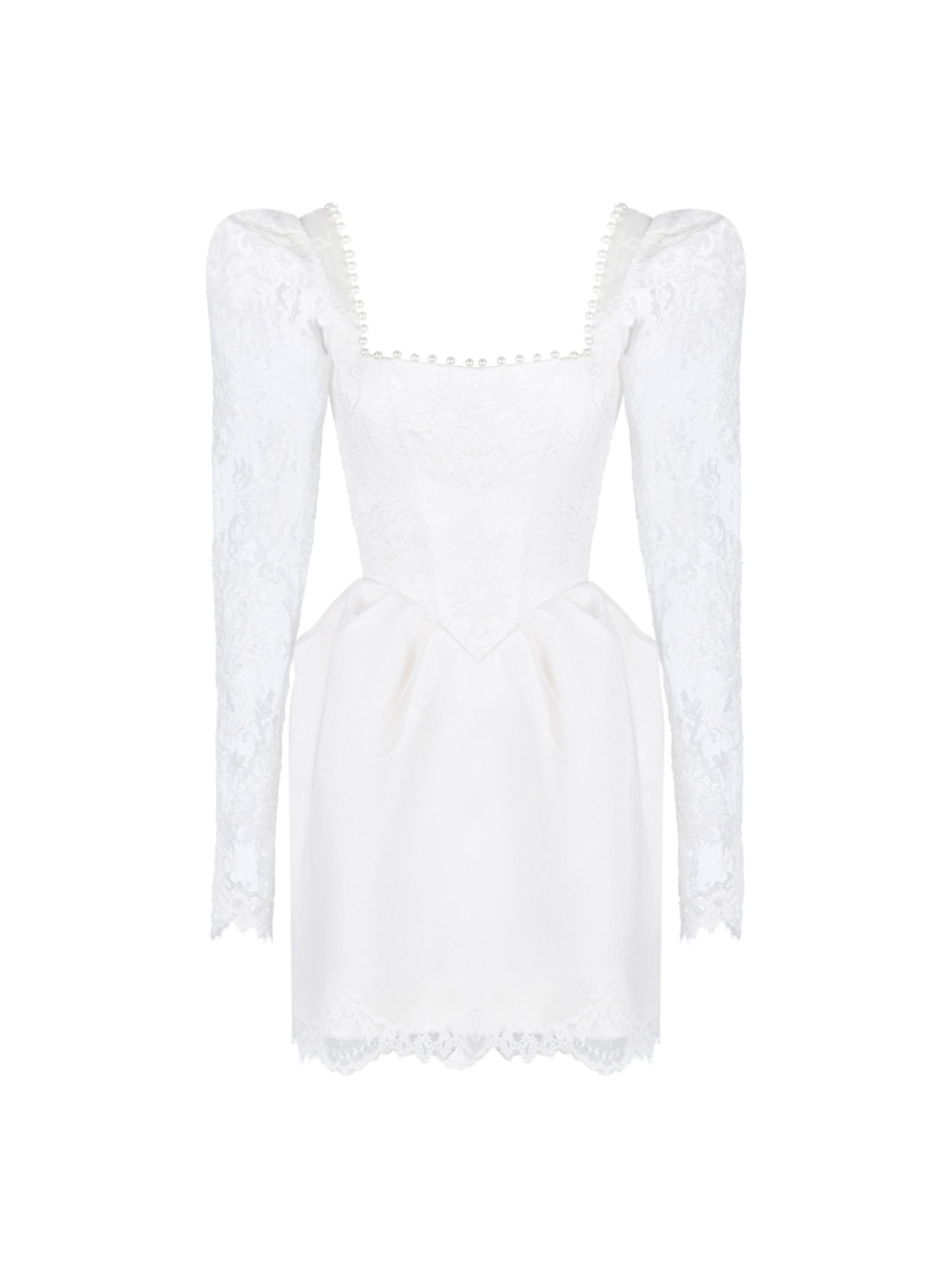 Белое кружевное платье-мини с квадратным вырезом, 1