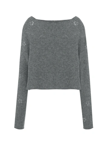 Серый укороченный пуловер из кашемира со звездами, 2