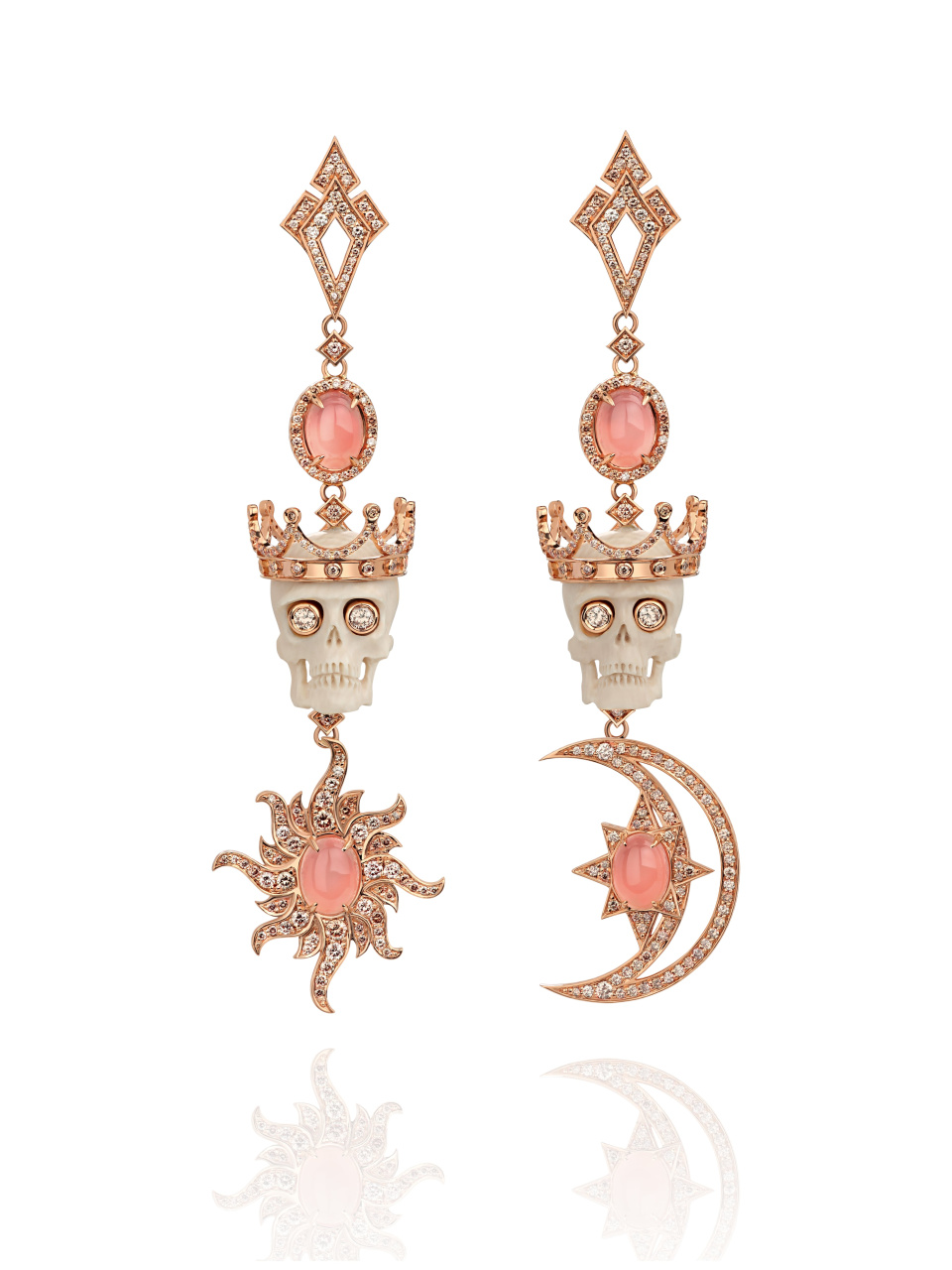Серьги из розового золота с коричневыми бриллиантами, розовым кварцем и черепами из бивня мамонта, 1