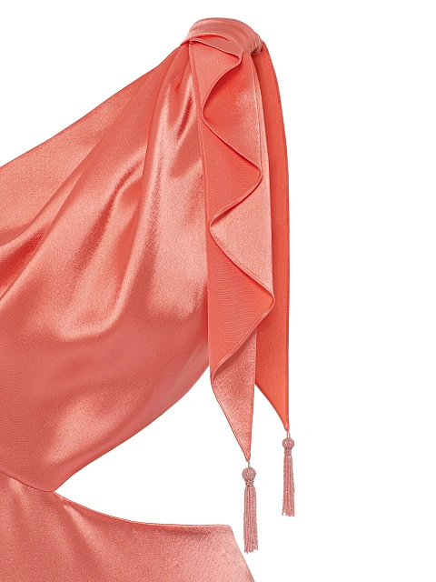 Коралловое асимметричное платье-миди из шелка, 3