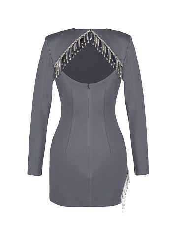 Серое платье-мини с вырезом и бахромой из страз, 2