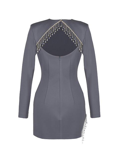 Серое платье-мини с вырезом и бахромой из страз, 2