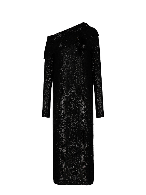 Черное платье-миди с пайетками и открытым плечом, 1