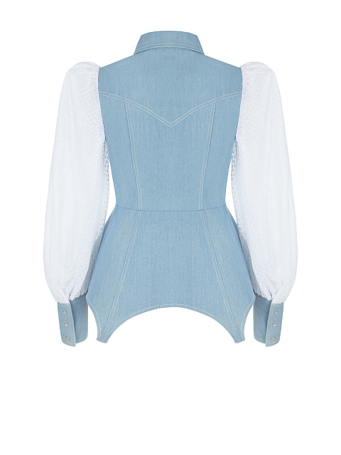 Голубая блузка из денима с рукавами из кружевного шифона, 2 Голубая блузка из денима с рукавами из кружевного шифона, 2