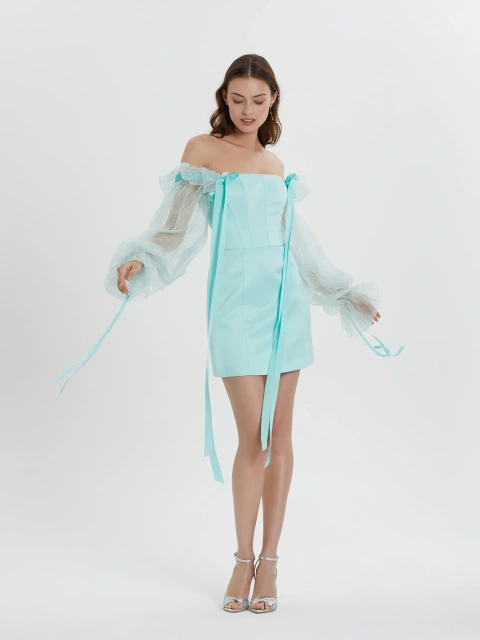 Бирюзовое платье-мини с объемными рукавами из органзы, 1