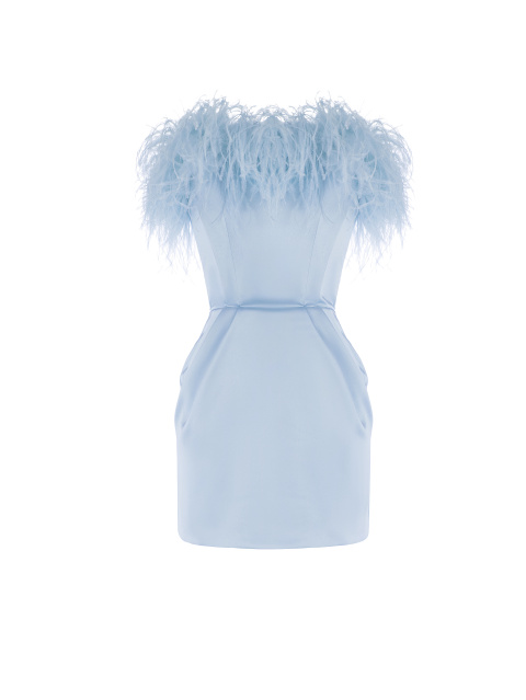 Голубое мини платье-футляр с боа на топе, 1