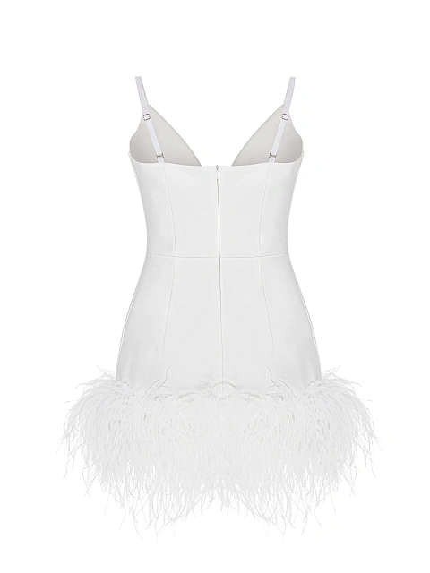 Белое платье-мини из трикотажа с боа, 3