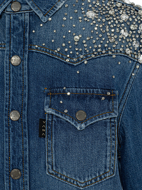 Синяя джинсовая рубашка с вышивкой кристаллами, 3