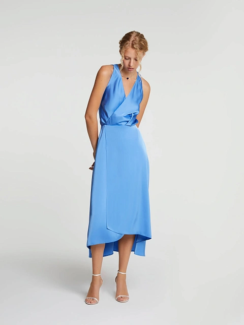 Синее атласное платье-миди на запах, 2 Синее атласное платье-миди на запах, 2