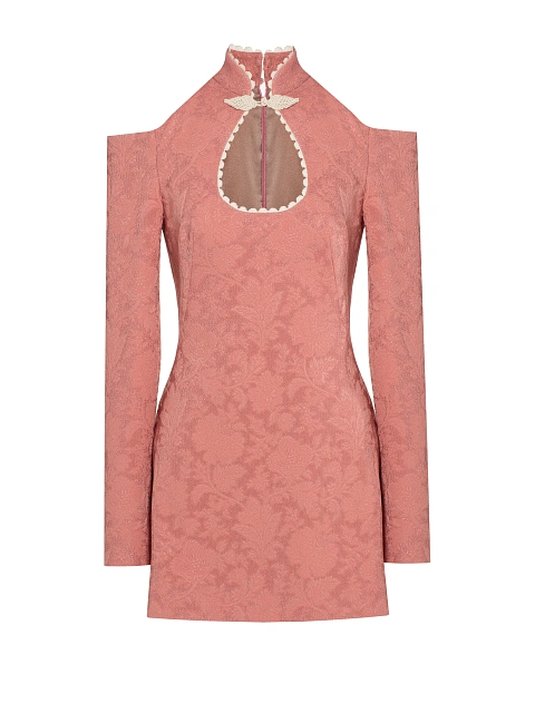 Розовое платье-мини из жаккарда с открытыми плечами, 1 Розовое платье-мини из жаккарда с открытыми плечами, 1
