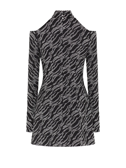 Черное платье-мини из жаккарда с открытыми плечами, 3