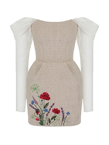 Бежевое платье-мини из льна с открытыми плечами и цветочной вышивкой, 1