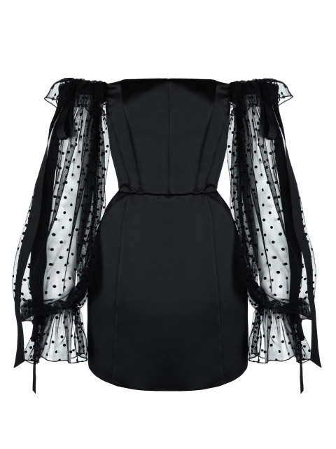 Черное платье-мини с объемными рукавами из сетки, 1