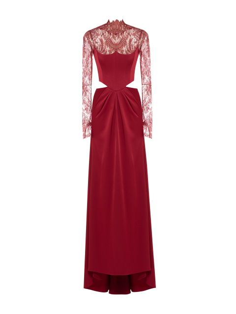 Бордовое платье-макси из шелка с кружевом, 1