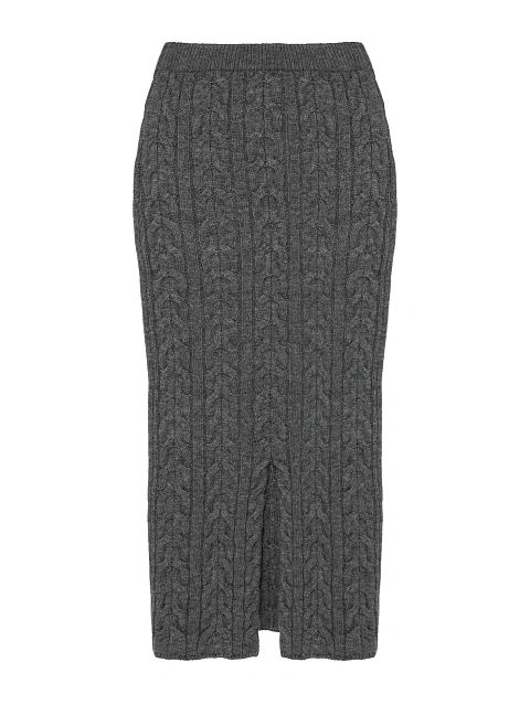 Серый вязаный комплект из кардигана и юбки-миди, 3