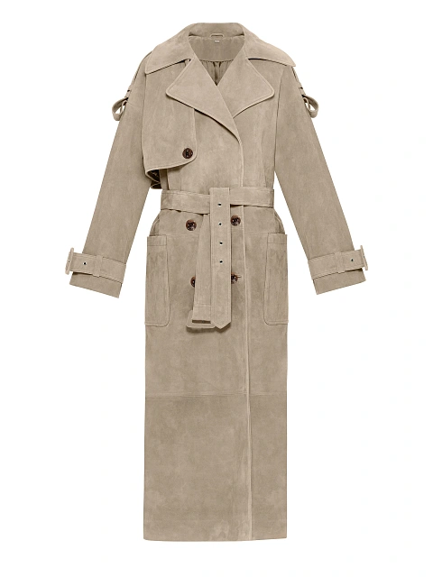 Бежевый двубортный тренч из замши, 1