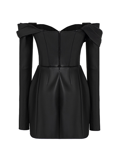 Черное платье-мини из кожи с открытыми плечами, 2