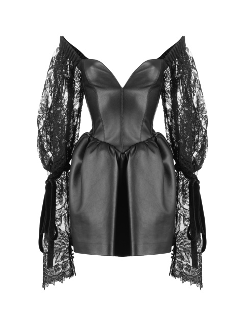 Черное кожаное платье-мини с рукавами из кружева, 1
