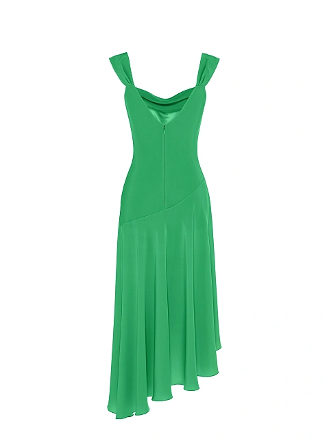 Зеленое платье-миди из шелка с асимметричной юбкой, 2