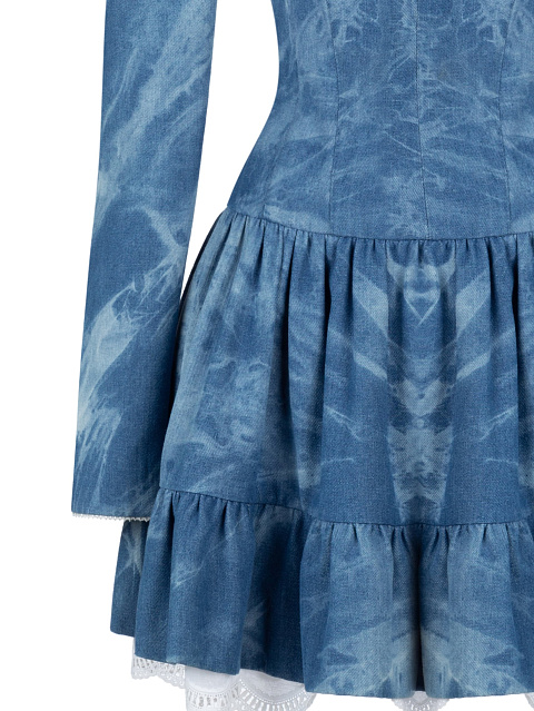 Синее платье-мини из денима с разводами в технике Tie-Dye, 3