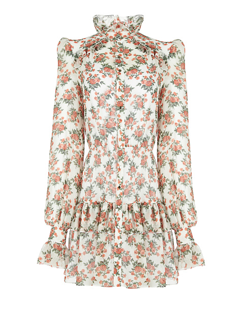 Белое шифоновое платье-мини с цветочным принтом, 1