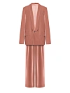 Костюм из персикового бархата, жакет однобортный, воротник шалька, карманы с клапаном, прямые брюки