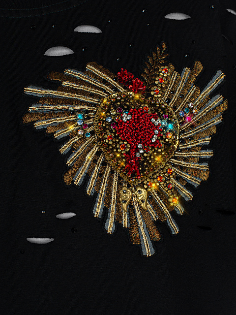 Черная хлопковая футболка с вышивкой и стразами, 3