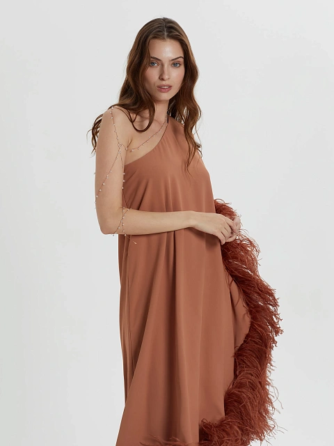 Коричневое асимметричное платье-миди с боа, 5 Коричневое асимметричное платье-миди с боа, 5