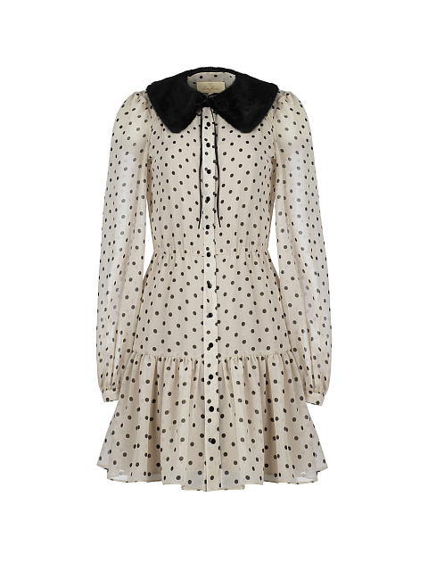 Бежевое шифоновое платье-мини в черный горошек, 1