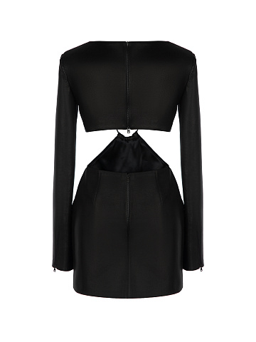 Черное платье-мини из кожи c фигурным вырезом, 2