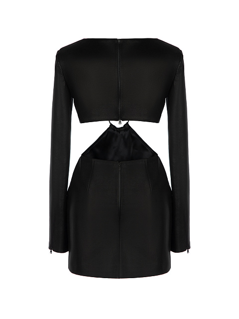 Черное платье-мини из кожи c фигурным вырезом, 2