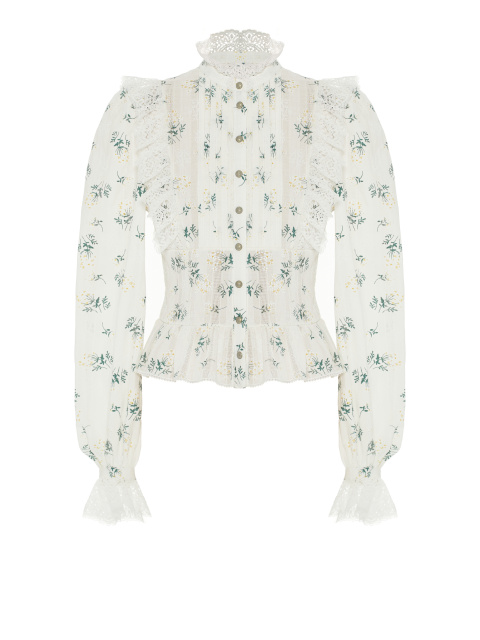 Белая блузка из хлопка с цветочным принтом и кружевом, 1