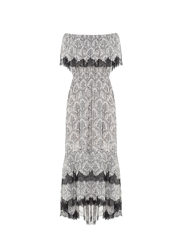 Серо-черное платье из шифона с принтом и кружевом, 1