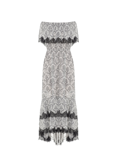 Серо-черное платье из шифона с принтом и кружевом, 1