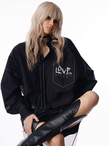 Укороченная черная хлопковая рубашка с вышивкой Love, 2