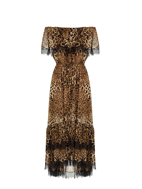 Коричневое платье-миди из шифона с леопардовым принтом, 1