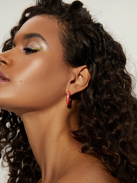 Маленькие хупсы из розового золота с розовой эмалью, 3 Маленькие хупсы из розового золота с розовой эмалью, 3