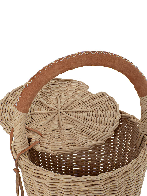 Бежевая сумка-корзина с крышкой и декором из кожи коричневого цвета, 4