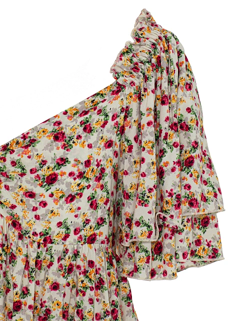 Бежевое платье-мини из вискозы с красным цветочным принтом и воланами, 3